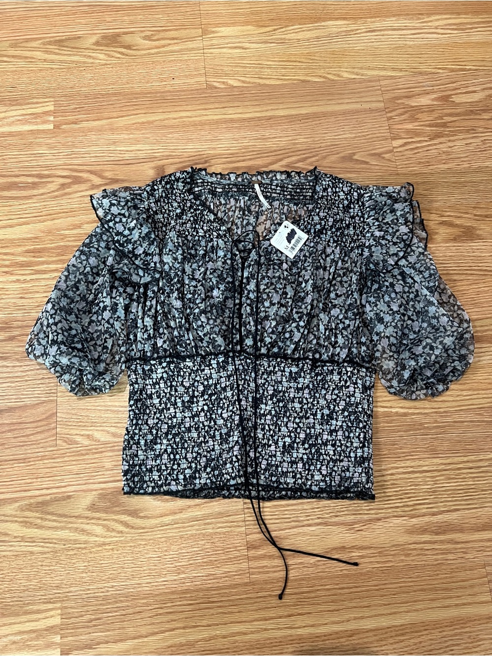 Free People Black and White Floral Smocked Blouse